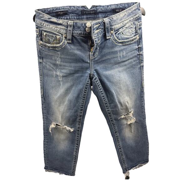 Vigoss Women's Capri Jeans Size 3/4 Distressed Ripped Embroidered Pockets EUC - Picture 2 of 16